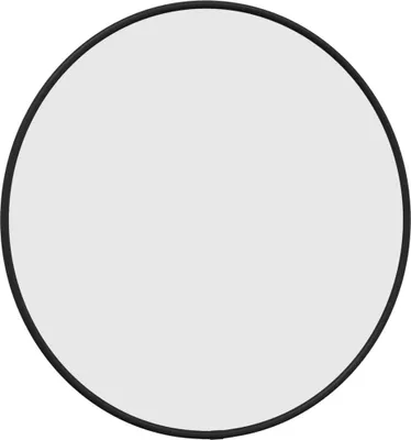 A round mirror with a black frame on a white background.