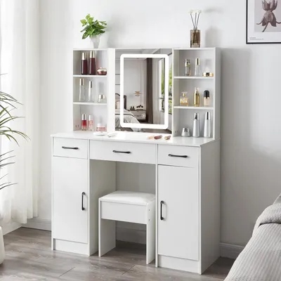 Zdjęcie produktu dla Stolik kosmetyczny - Oświetlenie LED - Biały - 3 szuflady - Drewno - Mebel do sypialni - Stolik do makijażu
