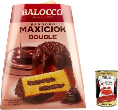 Produktbild von Balocco Pandoro MAXICIOK Double 800 g – italienischer Weihnachtskuchen mit doppelter Schokoladencreme (Zartbitter & Vollmilch), Schokoglasur & Crunch + Italian Gourmet polpa 400g