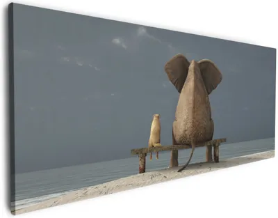Produktbild von Wallario Premium Leinwandbild Elefant und Hund sitzen auf einer Bank in Größe 50 x 125 cm