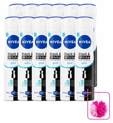 Image de 12 sprays déodorants NIVEA Black & White Invisible Pure - 150 ml - Pack économique - 12 pièces