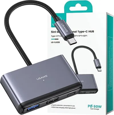Immagine prodotto di Hub adattatore Usams 5W1 Usb 2.0/Usb 3.0/Usb-C/Tf/Sd Szary/Grigio scuro Sj628Hub01 (Us-Sj628)