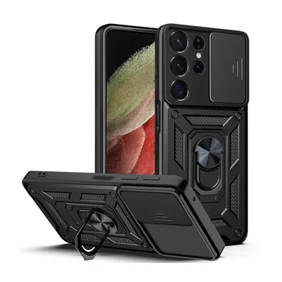 A black phone case with a sliding camera cover and a ring stand is displayed on a white background. Another case is shown from a different angle in the foreground.