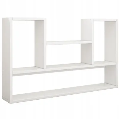 A white, modern, open shelf unit designed for wall mounting, suitable for books and decor.