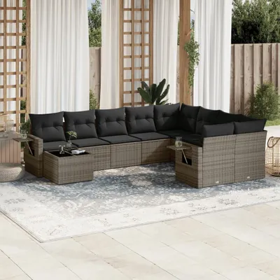 Produktbild von Design 10-tlg. Garten-Sofagarnitur mit Kissen Grau Poly Rattan, Gartenmöbel-Sets 2024 Neu