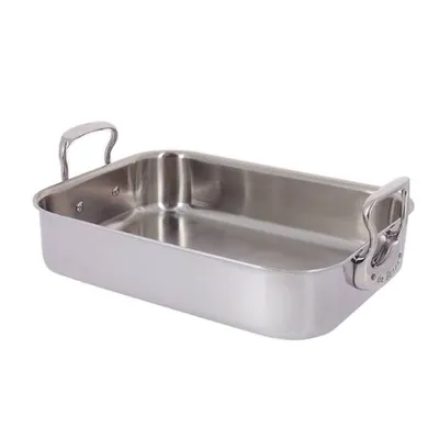 A stainless steel roasting pan with handles, shown from a slightly elevated side angle against a white background.