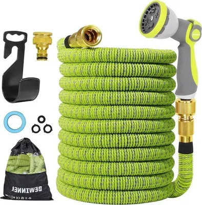Produktbild von Famanu Gartenschlauch 15 Meter mit Spritzpistole - 8 Funktionen - massive Messinganschlüsse - grün