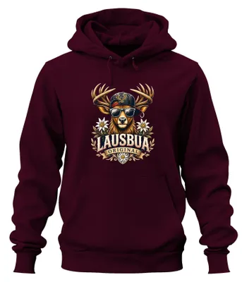 Immagine prodotto di Occhiali da sole "Lausbua Original Hirsch", pantaloni in pelle "Edelweiss", felpa con cappuccio, colore bordeaux, taglia M