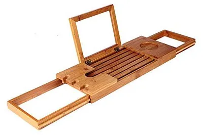 Produktbild von Universelles Badregal, verstellbar von 50 bis 93 cm, mit Bücher- und Tablethalter aus Bambo