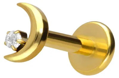 Produktbild von Ohrpiercing, Nasenpiercing Titan Labret mit Push Fit MOND + KRISTALL Gold Stablänge: 9mm | Stabstärke: 1,2mm