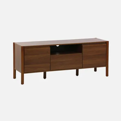 A wooden TV stand with two doors and one drawer, presented against a white background.