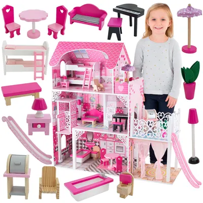 Produktbild von 4iQ Große Holzpuppenhaus CELESTE 89x32,5x90 cm mit Zubehör, Patio und Rutsche