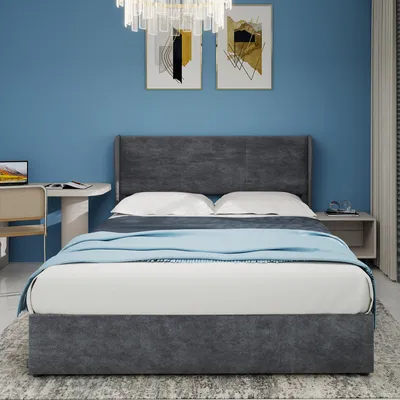 Produktbild von Sweiko Modern Minimalist Upholstered Bed with Soft and Comfortable Headboard, 140x200 cm, Grey, Multi-Functional Bedroom Furniture, High-Profile Storage Base with Gas Lift Mechanism, Mattress Not Included.