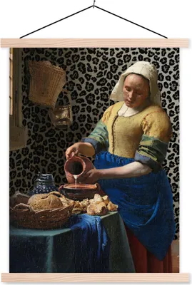 Produktbild von MuchoWow® Textilposter Milchmädchen - Kunst - Pantherdruck - Vermeer - Gemälde - Alte Meister 40x53 cm mit holzfarbenen Rahmen - Schlafzimmer
