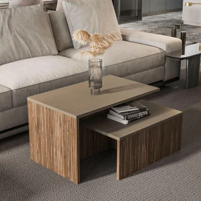 Produktbild von Skye Decor, Hochwertiger Nesting Tisch (2 Stück), Taupe und Eiche, 72 x 42 x 45 cm & 60 x 27 x 35 cm | 100% melaminbeschichtete Spanplatte, 18 mm dick | Modernes Design für stilvolle Wohn- und Arbeitsräume.