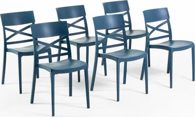 A set of six blue chairs arranged on a white background.