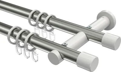 Produktbild von Interdeco Gardinenstange / Vorhangstange Edelstahl-Optik / Weiß, Typ Platon Santo (Kappe), 20 mm Ø 2-läufig, 140 cm