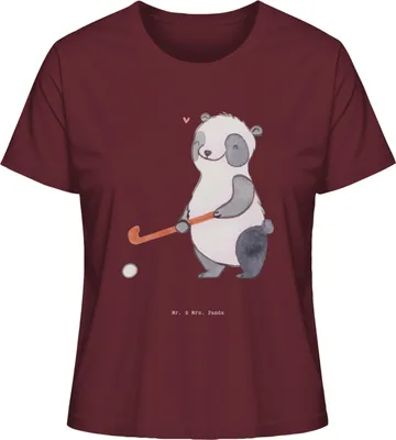 Produktbild von Mr. & Mrs. Panda Damen Oberteil Panda Hockey spielen Größe L - Burgundy - Geschenk, Baumwoll T-Shirt, Kurzarmshirt, Kurzarm, Verein, Feldhockey, Sommershirt, Frauen