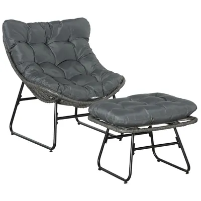 Produktbild von Rattan Relaxsessel mit Fußhocker, Gartensessel mit dicke Kissen Outdoor Rattanstuhl Gartenstuhl für Garten, Balkon, Terrasse Grau