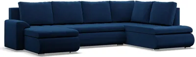 A dark blue U-shaped sofa with a chaise lounge section, shown from a front-side angle against a white background.