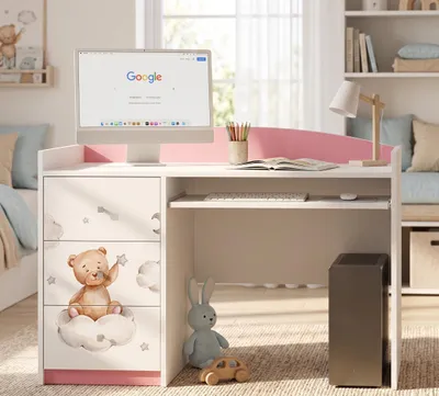 Produktbild von Schreibtisch Rosa für Kinder mit Motiv, Jugendschreibtisch Schülerschreibtisch mit viel Stauraum, PC-Tisch Lerntisch für Mädchen, KI-generiertes Bild