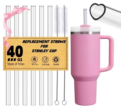 Obrázek produktu pro Sada 6 opakovaně použitelných brček ve tvaru srdce, včetně čisticího kartáče, extra dlouhá, určená pro hrnky Stanley Cup o objemu 30/40 uncí, vyrobená z tritanového plastu, průhledná