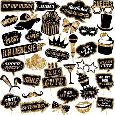 Productafbeelding van Fotoaccessoireset, 36 stuks, feestelijke fotobox accessoires, goudkleurig, geschikt voor bruiloft, Halloween, kerst, verjaardag, carnaval, nieuwjaar