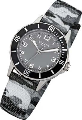 Image de Regent Montre d'enfant bracelet textile gris noir F-941 Montre à quartz URF941