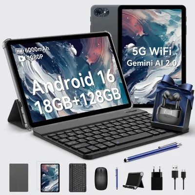 Produktbild von T80 mit Kopfhörer, Android 16 Tablet 10 Zoll, 6GB RAM + 128GB ROM, 5G WiFi, Gemini Al,6000mAh. Perfekt für Gaming mit Dual-Kamera, BT5.0, O1TG&Type-C.