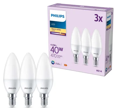 Productafbeelding van Philips Gloeilamp, 40W, B35, 3 stuks, fitting E14, 4,9W, 40W, E14, 470 lm, 15000 uur, warm wit licht