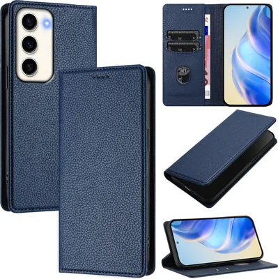 Image de Etui en cuir pour Samsung Galaxy S23, Litschi cuir, étui portefeuille avec fentes pour cartes et support Bleu