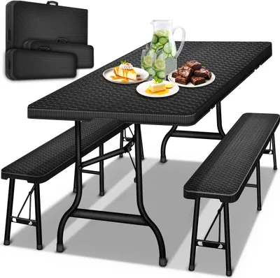 Produktbild von tillvex® Bierzeltgarnitur Set schwarz Rattan klappbar Festzeltgarnitur Bierbankgarnitur