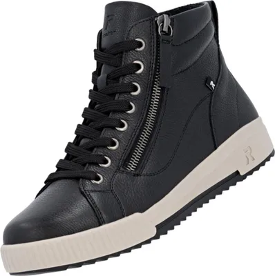 A black high-top sneaker with a white sole and a zipper on the side.