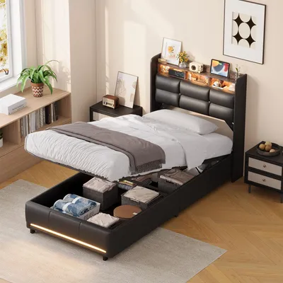 Obrázok produktu pre UnboxG čalúnená posteľ 90x200 cm s úložným priestorom, hydraulickým systémom, LED osvetlením, USB nabíjacím portom, umelou kožou, čierna farba