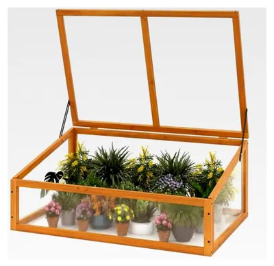 Produktbild von Frühbeet aus Holz mit klappbarem Dach, Gewächshausaufsatz, Pflanzkasten für Balkon und Terrasse, 94 x 63 x 40 cm (Orange)