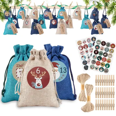 Produktbild von Adventskalender – Set mit 24 Teilen – Weihnachtsgeschenkbeutel – Weihnachtskalender – Selbst gestaltbare Beutel – Adventskalender zum Befüllen
