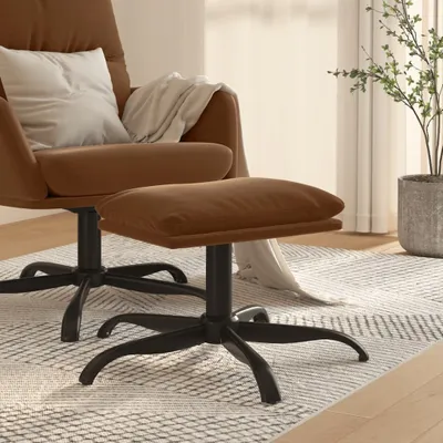 A close-up shot of a brown microfiber footstool in a living room setting.