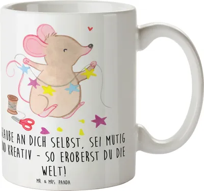 Produktbild von Mr. & Mrs. Panda Teetasse Die Freude an der Kreativität entdecken - Weiß - Geschenk, haferl, Trost, Vertrauem, kaffeetasse bedruckt, kreative Köpfe, Ideen, Inspiration
