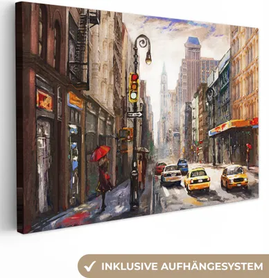 Produktbild von MuchoWow® - Leinwandbilder - Gemälde - Stadt - Auto - Öl, Wandbild, Wanddeko Bilder Wohnzimmer, 120x80 cm