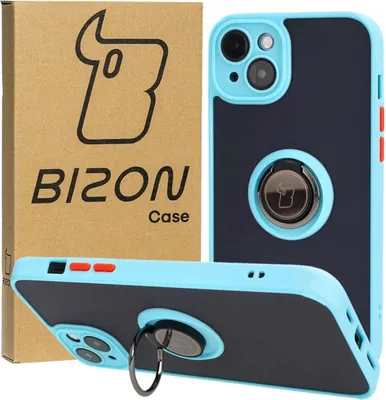 Produktbild von Bizon Case Hybrid Ring Fingerringhülle für iPhone 15 Plus, Rauch mit hellblauem Rahmen