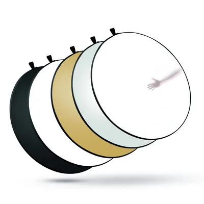 Produktbild von Walimex Faltreflektor 5in1 Ø 150 cm Lichtreflektor mit Goldfarben Silberfarben Weiß Schwarz und Diffusor, Fotografie Reflektor faltbar inkl. Transportbeutel