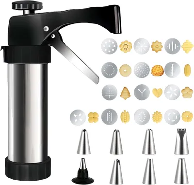 Produktbild von Kekspresse, Edelstahl Gebäckpresse zum Backen, Kekspresse Pistole Set mit Keksscheiben und 8 Spritztüllen, Teigspritz