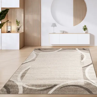 A modern living room with a rug in the foreground and furniture in the background.