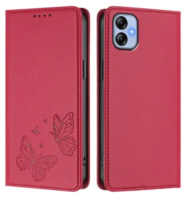 Image de Étui en cuir pour Samsung Galaxy A04E, étui de protection type portefeuille en cuir gaufré « papillon » avec support, rouge
