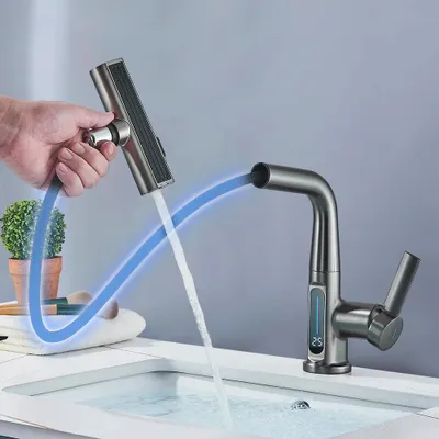 Produktbild von Badezimmer Waschtischarmatur - Wasserfall-Armatur - Digitale Temperaturanzeige - Warm/Kalt - Einlochmontage - Einhebel - Gunmetal Grau
