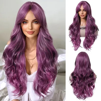 Produktbild von Lila lange Perücke mit Pony natürliche Wellen hitzebeständig für Party Cosplay