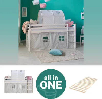 Produktbild von Homestyle4u Kinder Hochbett 90x200 weiss mit Lattenrost Tunnel Sternen