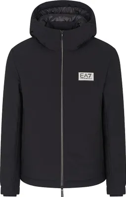 A black bomber jacket with a logo on the chest.