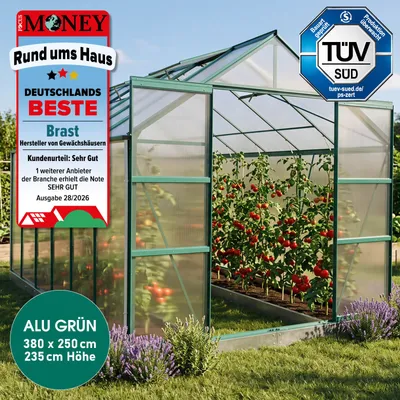 Produktbild von BRAST Gewächshaus Aluminium mit Fundament | 380x250x235cm | 6mm Hohlkammerplatten | rostfrei wetterfest temperaturbeständig | Grün