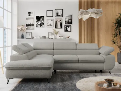 Produktbild von Ecksofa Sofa Grau, Wohnlandschaft L-Form mit Schlaffunktion und Bettkasten, Schlafsofa mit Bettkasten, Sofa mit Einstellbare Kopfstützen, Peter L - Hellgrau Boucle - Links Grau